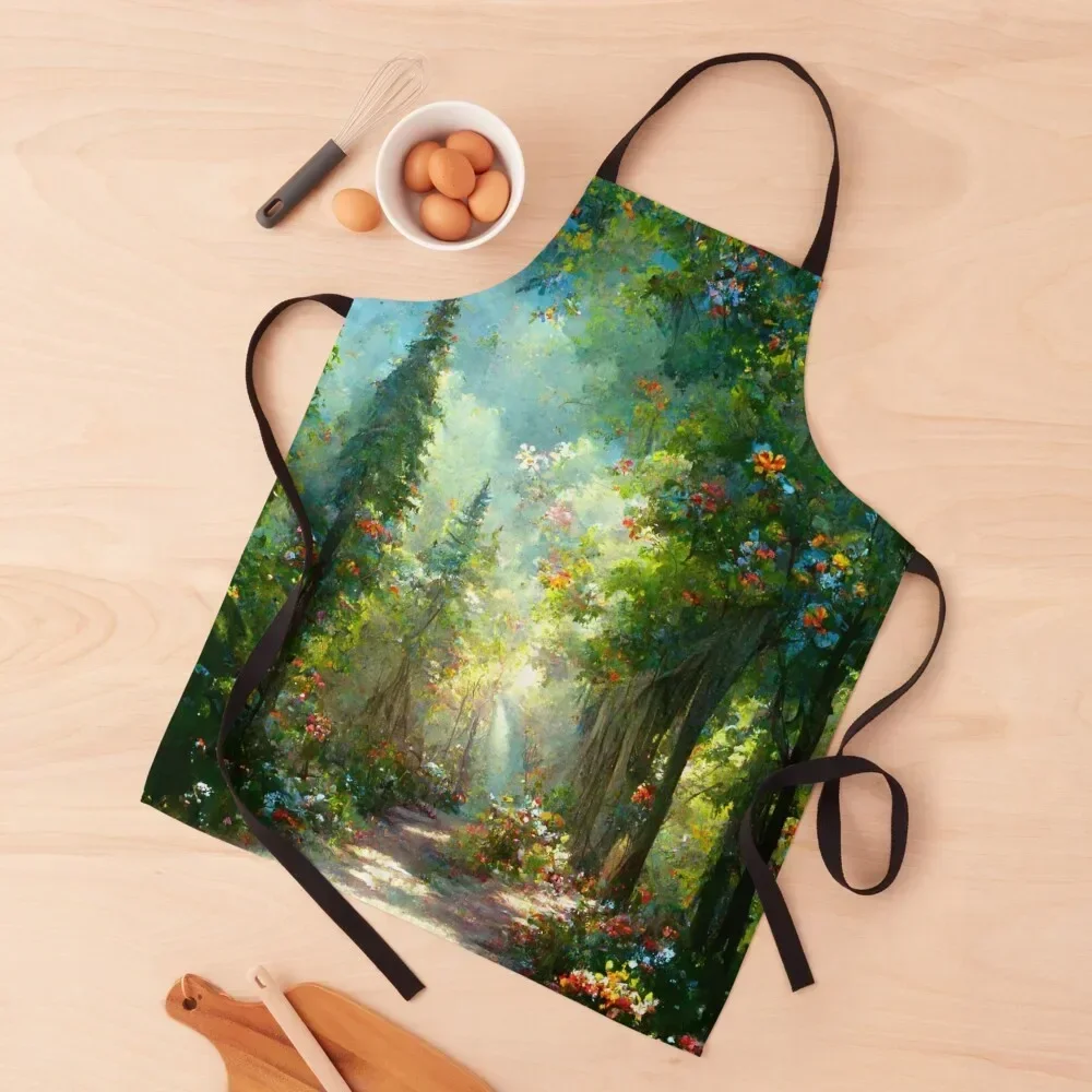 

A forest path with wildflowers Apron custom women's kitchen professional kitchen work gowns for women cleaning Apron