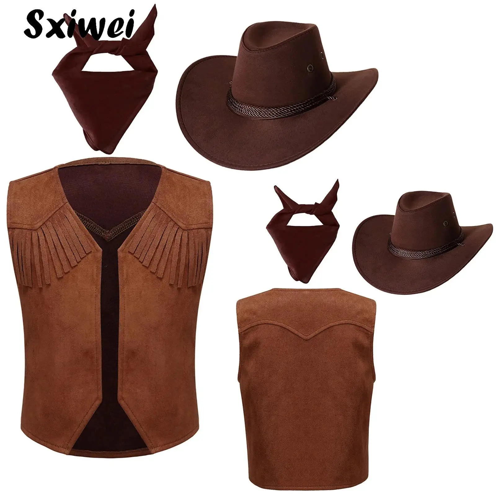 

Halloween Wild West Costume Kids Western Cowboy Cowgirl Cosplay Performance Fringe Vest Waistcoat with Bandanna Hat Dress Up Set