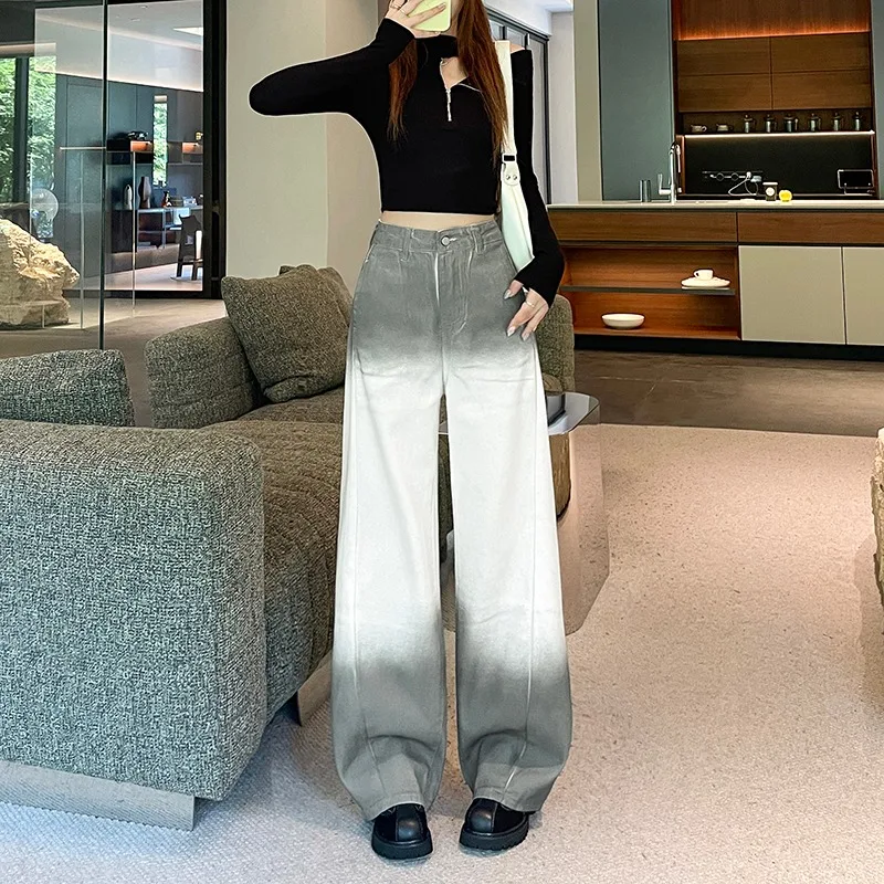 New Fashion Contrast Gradient Women Jeans Loose Casual Straight Wide Leg Denim Trousers Street Trendy Ladies Long Pants