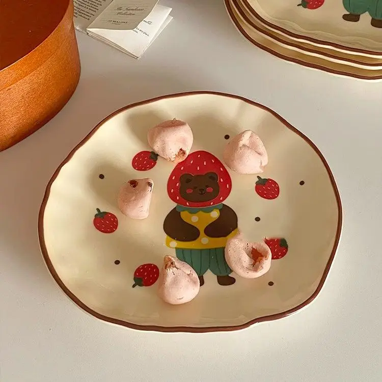 INS Strawberry Bear Ceramic Plate Underglaze Color Ceramic Flat Plate Home Breakfast Dish Cute Illustration Shallow Mouth Plate