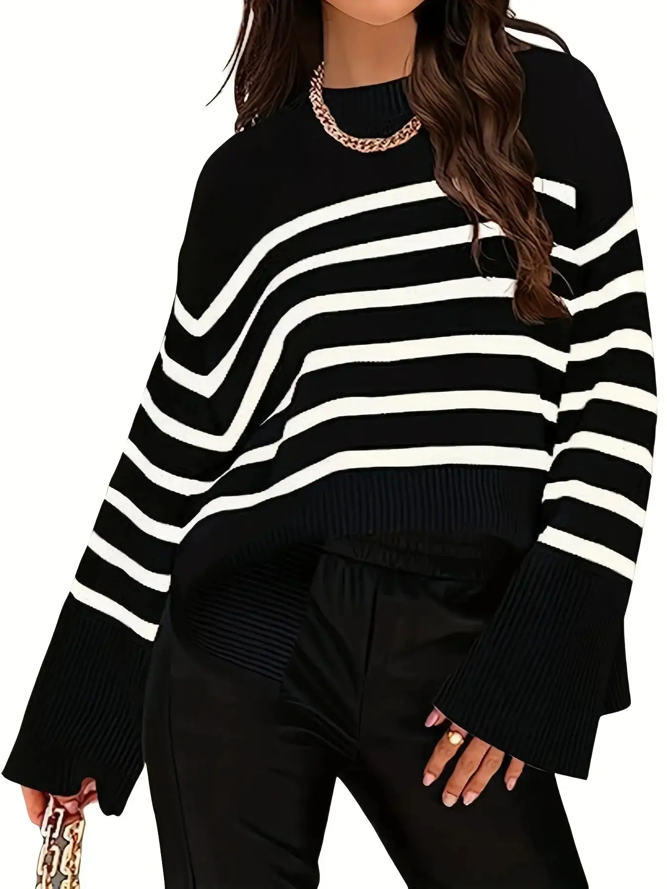 Women\'s Sweater Casual Striped Crew Neck Dropped Shoulder Split Loose Fall Winter Sweater