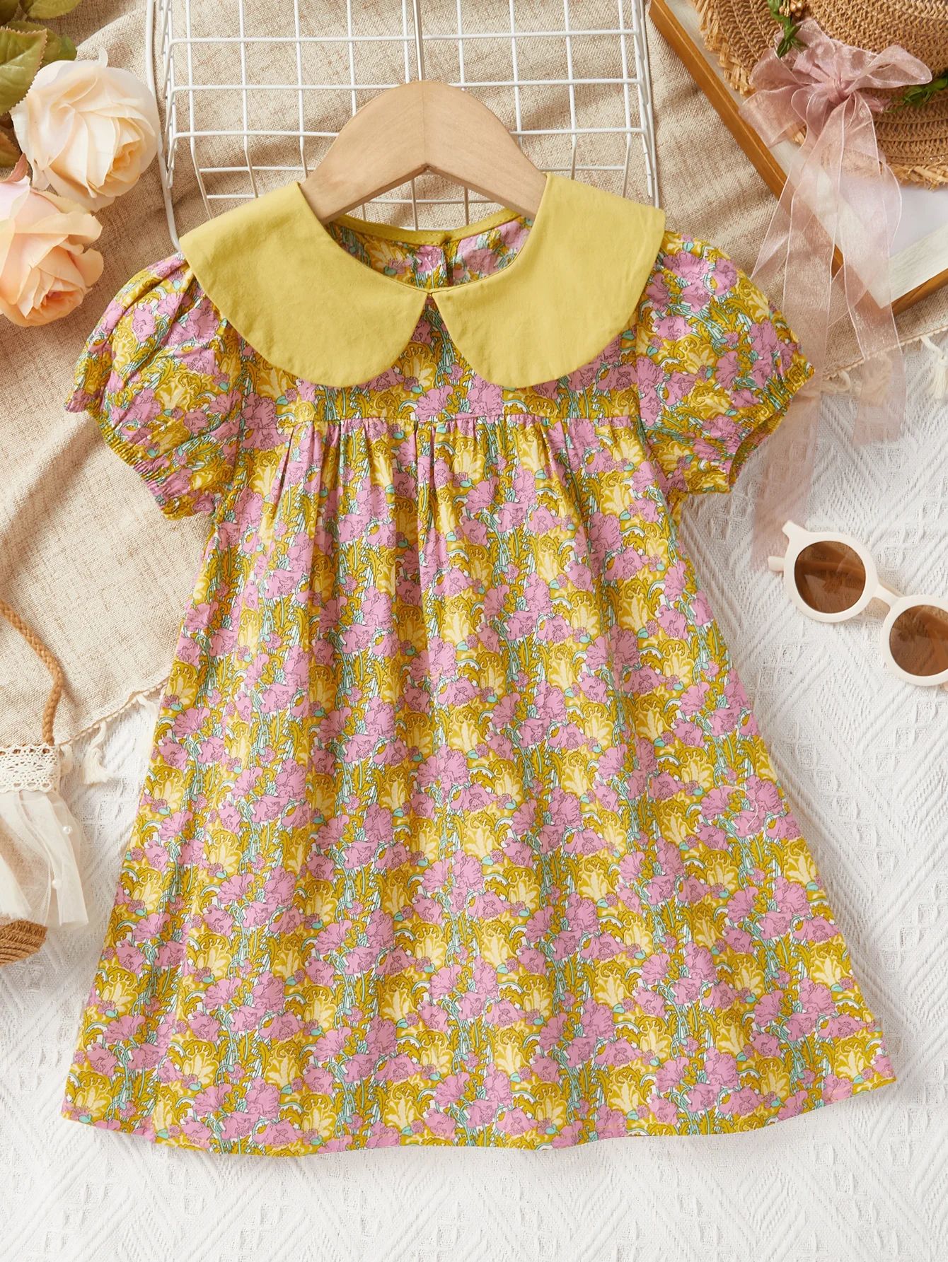 Little Girl Floral Cute Doll Collar Dress Baby Girl Casual Home Party Princess Dress Child Cotton Short Sleeve Clothes