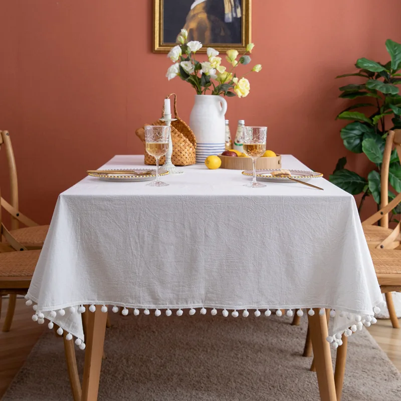 Farmhouse Solid Color Cotton Square Tablecloth Fabric Pompom Tassel Washable Table Cover Kitchen Dinning Picnic Holiday Decor