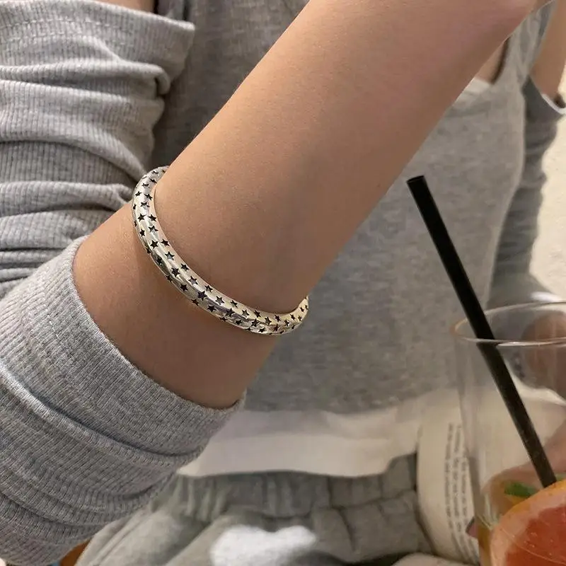 Vintage Silver Adjustable Open Bangle for Women Fashion Minimalist Bracelet for Girlfriend Birthday Gift Jewelry