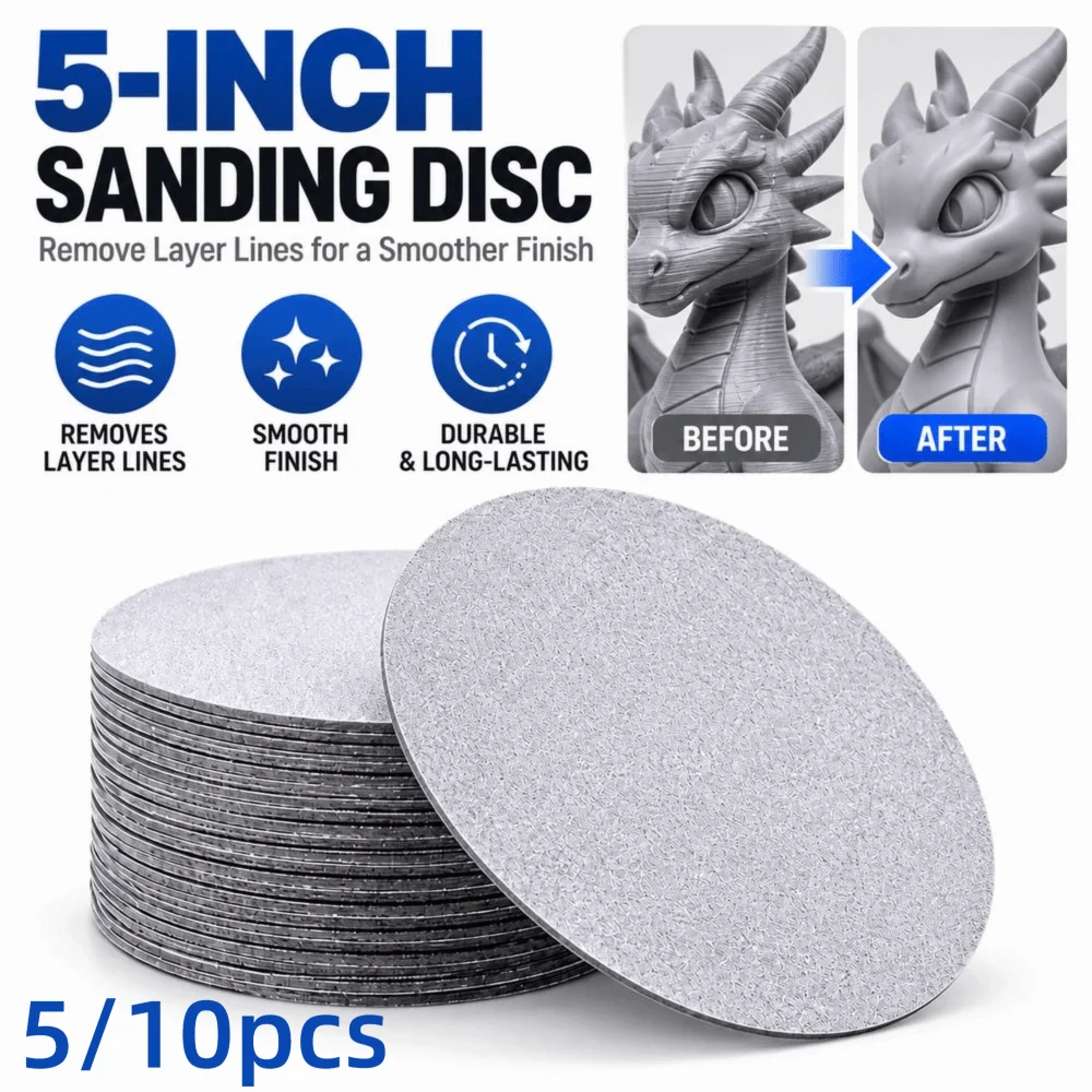 5/10pcs 1200 Grit 5 Inch Layer Line Remover Scratch Removal Seam Cleaning Surface Prep Disc 3D Printed Compatible PLA Compatible