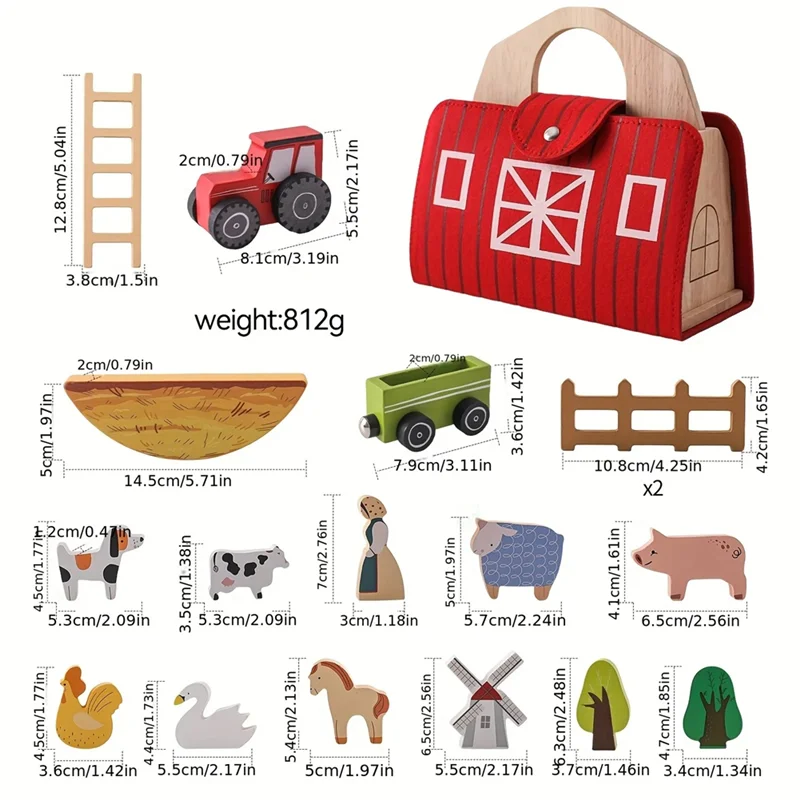 AINY-18Pcs animales de granja granero de madera Montessori apilamiento para niños pequeños granero rojo granja juego de simulación regalo de cumpleaños