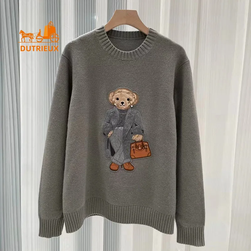 2024 New Autumn and Winter Cardigan Bear Embroidery Round Neck 100% Cashmere Pullover Knitted Cardigan Women\'s Warm Sweater