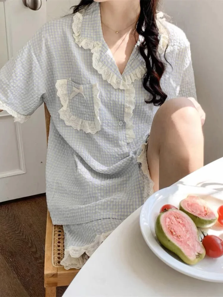 

Sweet Lace Trim Pure Cotton Linen Plaid Couples Spwear ort Sve Home Clothes Set Women's Sle Summer Casual Wear