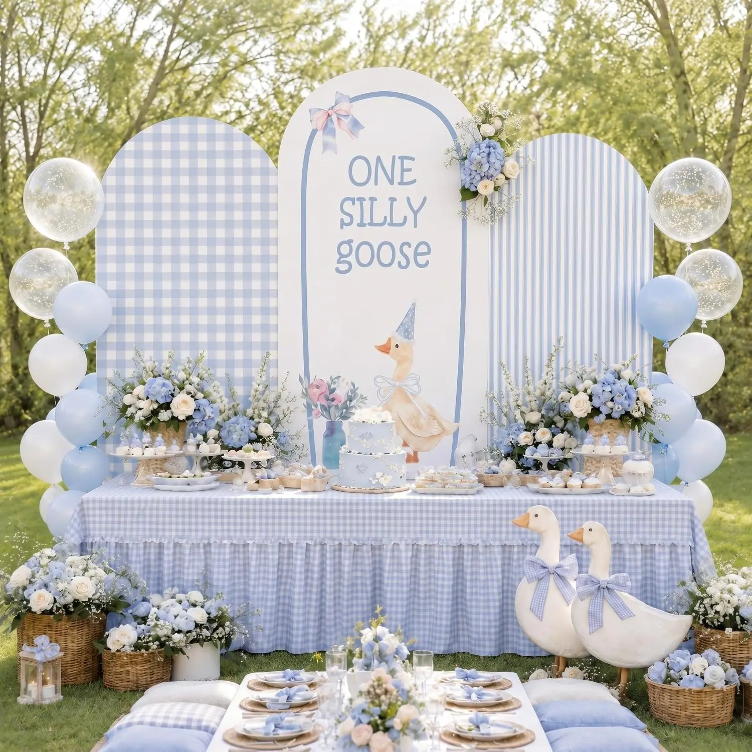 Custom 2-sided Blue One Silly Goose Baby Shower Arch Backdrop Cover Gingham Boys Kids 1st Birthday Party Photo Booth Backdrop