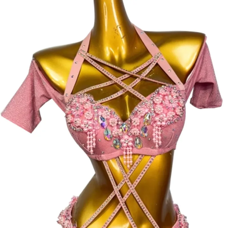 Costume de danse du ventre personnalisé, robe de spectacle pour femmes, nouvel ensemble de danse orientale, vêtements de danse exotiques, hauts roses, jupe longue, 2025