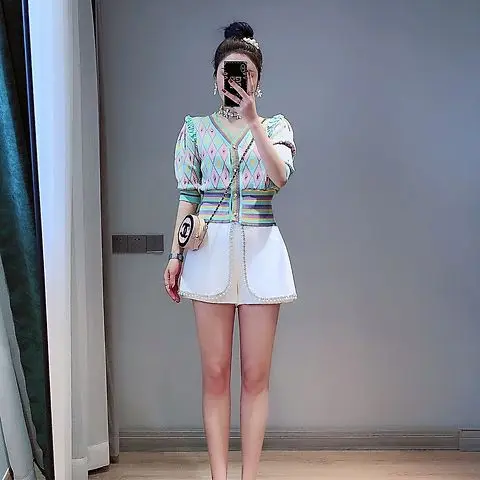 

V-neck Knitted Cardigan for Women's Short-sleeved Summer New Ice Silk Thin Jacket Versatile Clothes and Slim Shirt