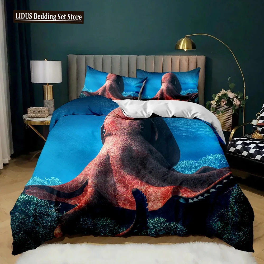 

Cartoon Octopus Duvet Cover Set King Queen Size Sea Animal Bedding Set Red Blue 3D Print 2/3pcs Soft Polyester Comforter Cover