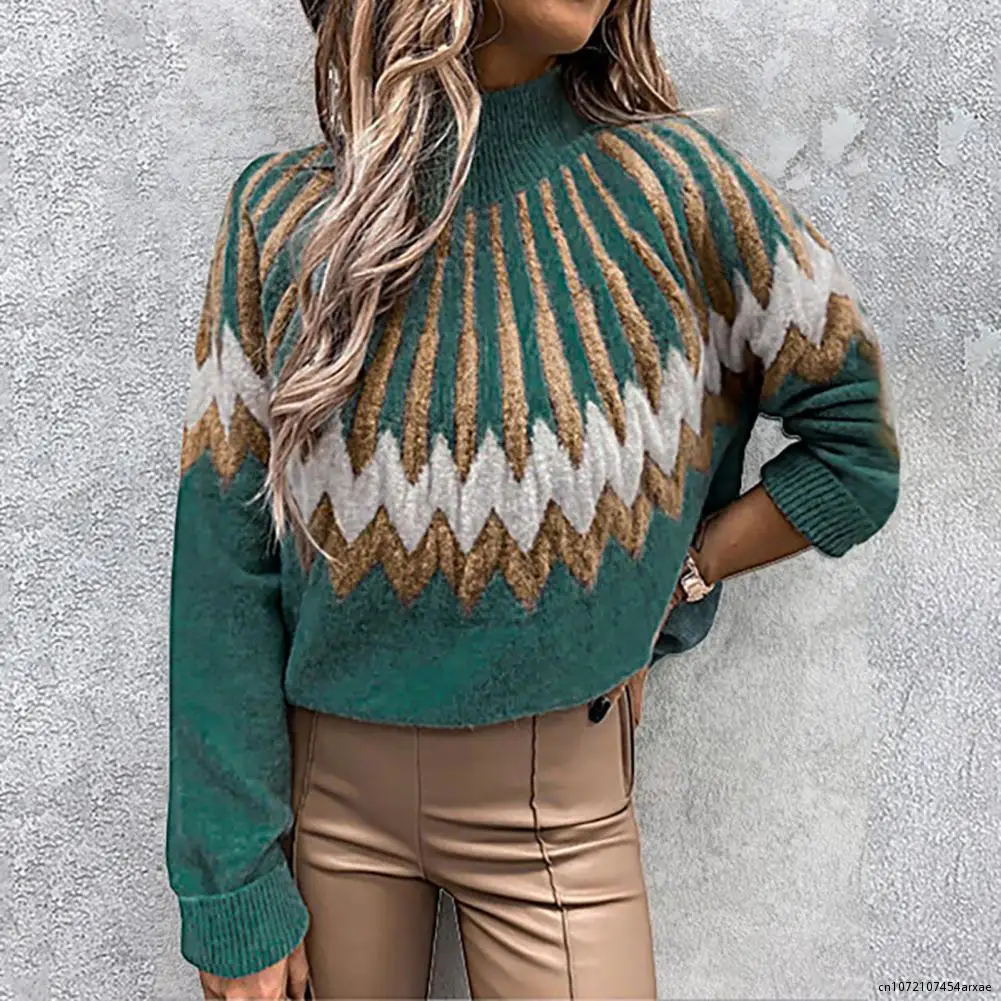 

Winter Sweater Lady Loose Sweater Women Half Turtleneck Popular Rhombus Pattern Half Turtleneck Sweater