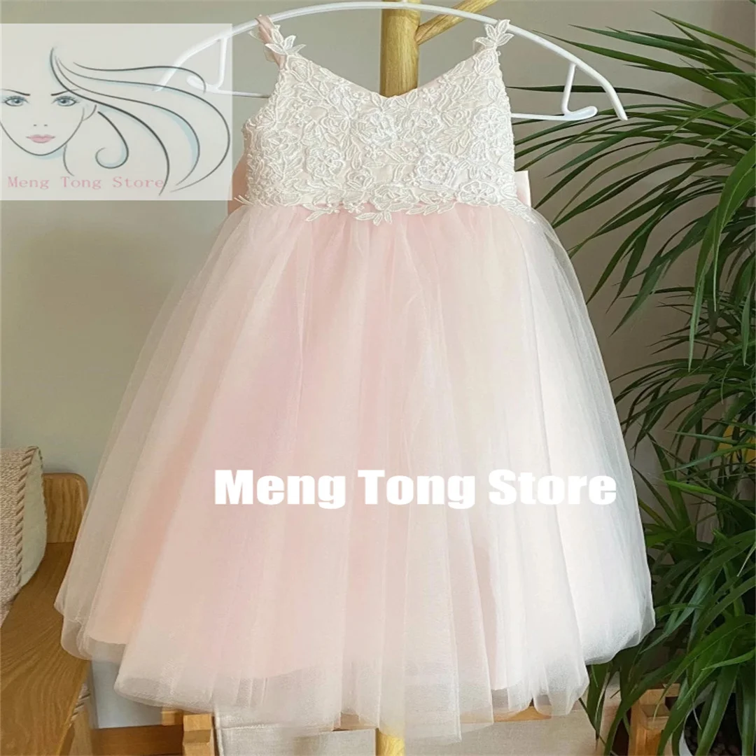 

Light Pink Flower Girl Dresses Tulle White Appliques With Bow Sleeveless For Wedding Birthday Party Holy Communion Gowns