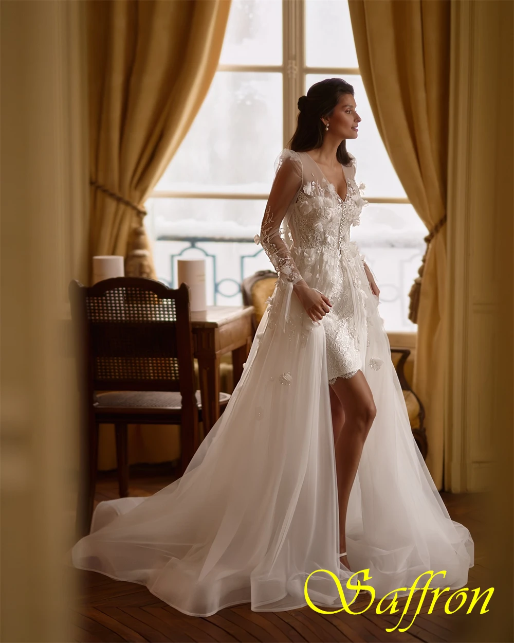 تخصيص مزاجه الأورجانزا الخامس الرقبة مساء اللباس رشيقة طويلة الأكمام فساتين حفلة موسيقية أزياء الزهور فساتين المناسبات الخاصة