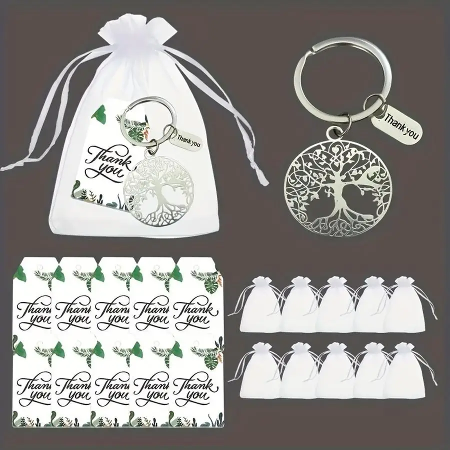 1/5/10/20/50/100pcs Pieces/30 Tree of Life Keychain Sets, Includes 30 Thank-You Cards with Green Leaves, 30 White Organza Bags,