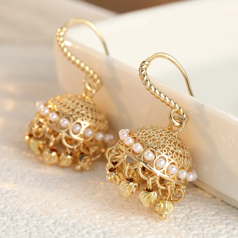 Palace Style Hollowed Out Dangle Earrings With White Bead Trim Retro Atmosphere Versatile Women's Earrings Vintage Jewelry
