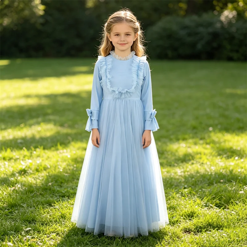

Customized Real Photo Flower Girl Dresses Sky Blue Tulle Modest O-neck Ruffles A-line Floor Length Floor Length Kids Gowns MB003