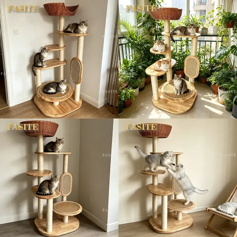 For Small Apartment Solid Wood Cat Tree Integrated Climbing Frame with Scratching Board Shelf and Nest Space Saving Furniture