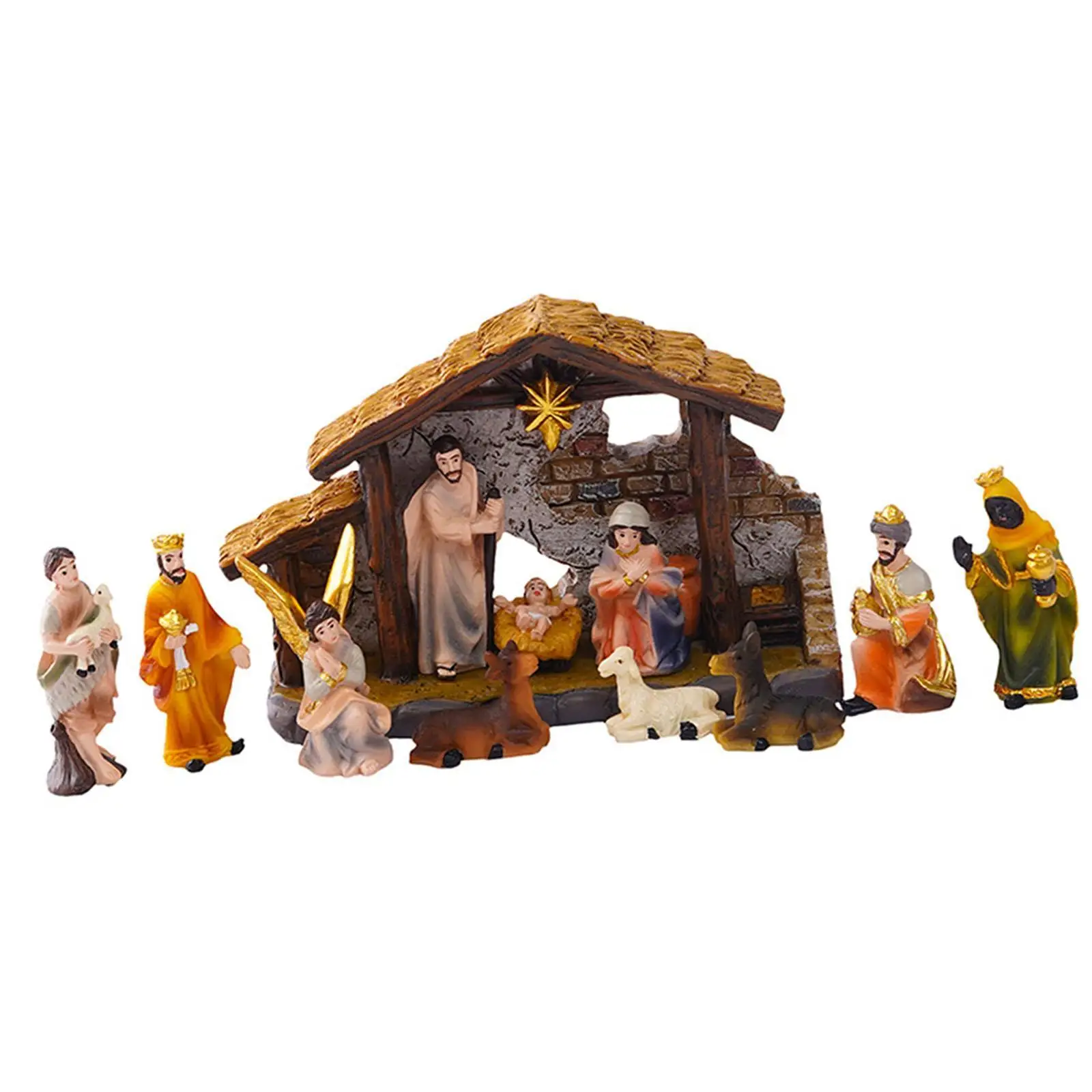 Jesus Birth Manger Ornament Tabletop Decor Resin Nativity Scene Decorative Figurines for Christmas Gifts Ideas