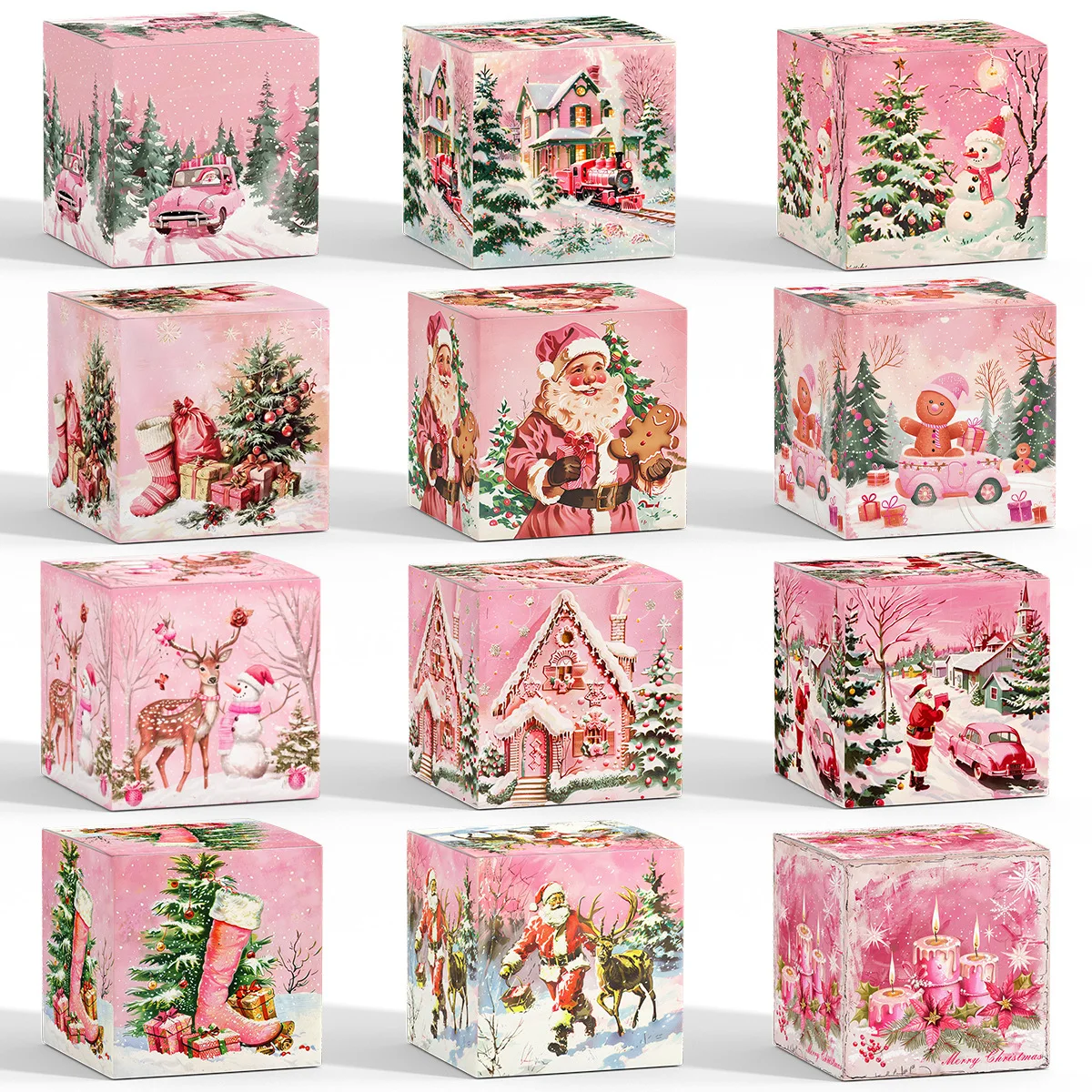 24pcs 2025 New Pink Christmas Theme Christmas Tree Candy Snack Packaging Box Party Decoration Supplies 24 Day Countdown Gift Box