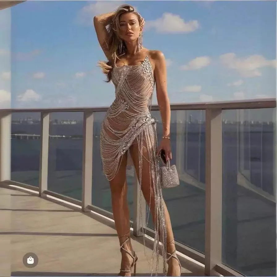 

Mesh hot diamond tassel perspective hollow sexy tight skirt evening dress stage performance clothes l