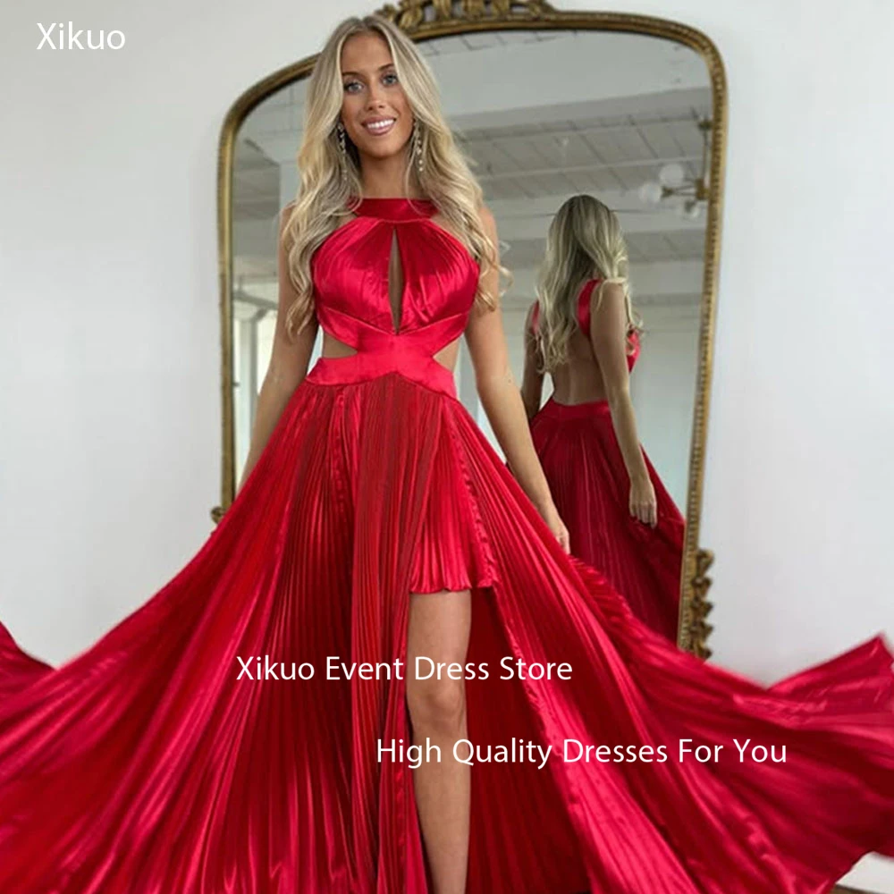 

Xikuo Graceful Satin Evening Dress Women A Line Cut Out Prom Party Gowns Backless Floor Length Sukienka Wieczorowa Customized