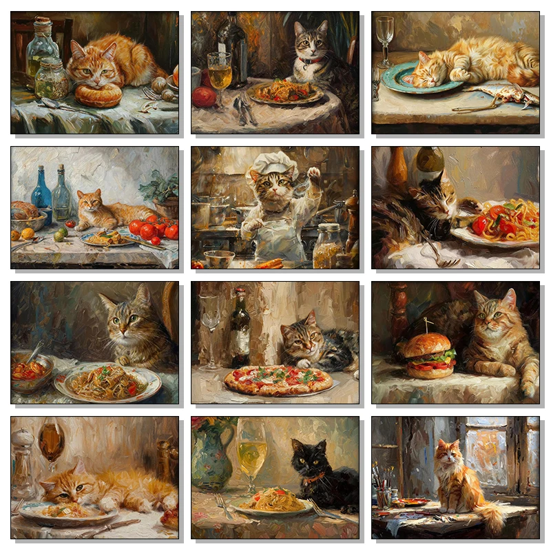 Ginger Cat Eat Hamburger Pizza Pasta Poster Print White Cat Lying Piano Keys Food Canvas Painting Print Wall Art Kitchen Deco