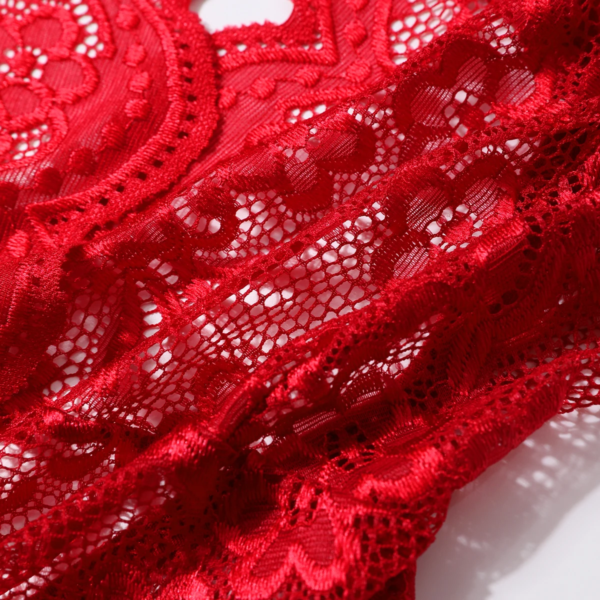 Sexy Crotchless Red Lingerie Women Lace Hollow Bodysuit Transparent Erotic Pajamas Deep V Open Bra Porn Underwear Sets Nightwear