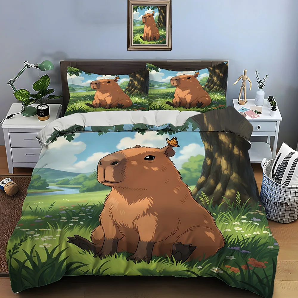 Capybara Sitting with Butterfly Bedding Set for Kids Luxury Gift 3pcs Digital Print Comforter Set Soft Comfortable Breathable