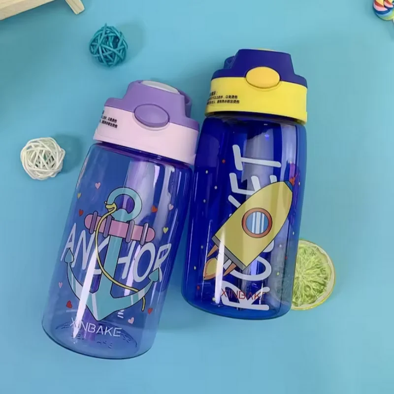 Summer Plastic Water Cup Children Cartoon Element Printed Water Cup Student School Sports Handle Portable Water Cup Cold Kettle