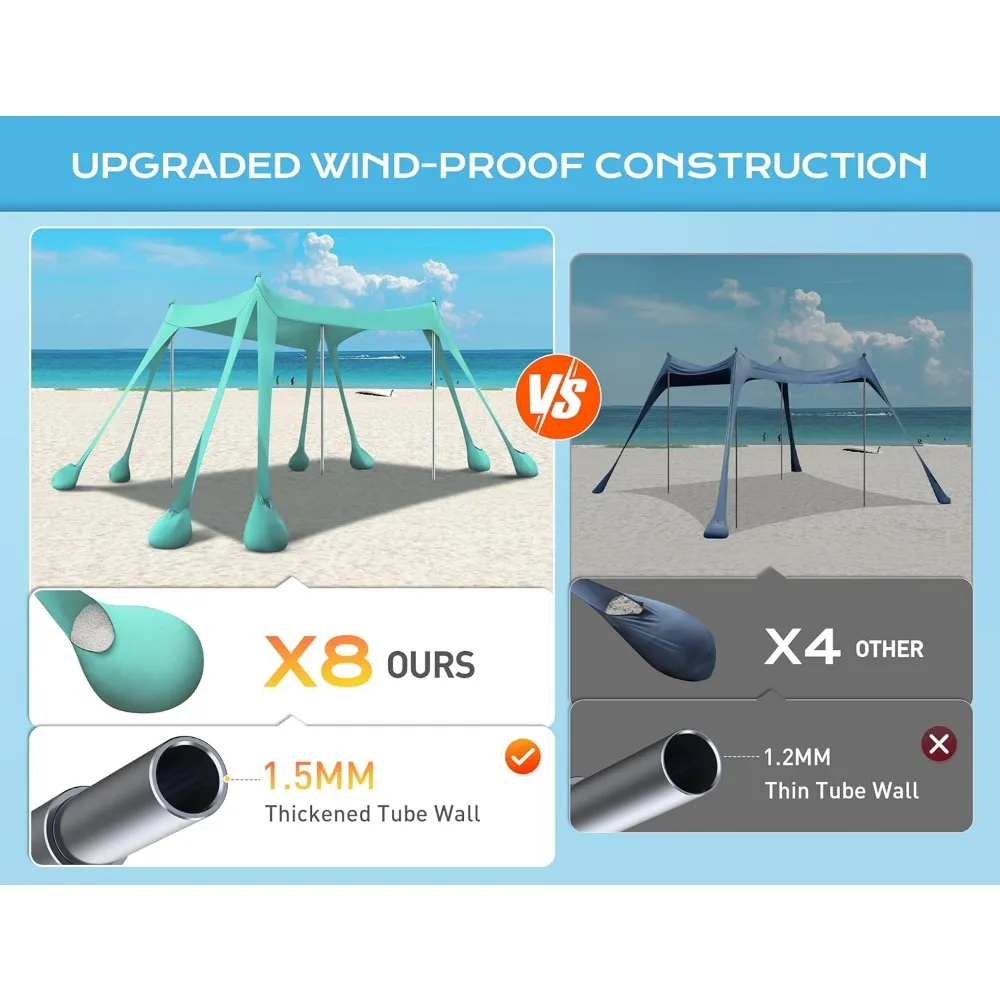 Tragbares Strandzelt mit über 50 UPF-UV-Schutz, 10 x 10 Fuß Sonnenschutz, inklusive 8 Sandsäcken, Schaufeln und Erdnägeln