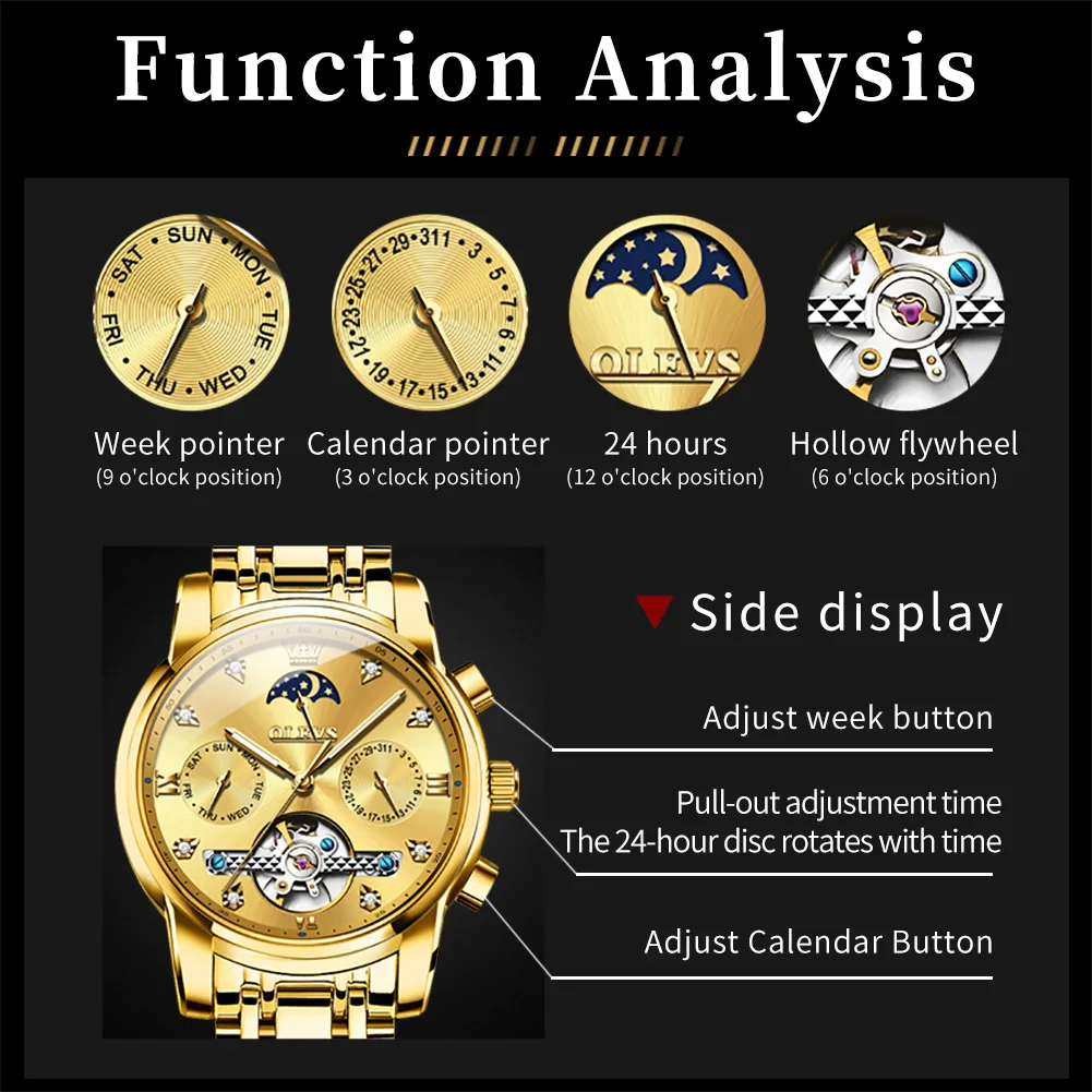 Original Watch for Men Luxury Automatic Waterproof Moon Phase Date Menchanical Stainless Steel Gold Classic Wrist Watches Gift