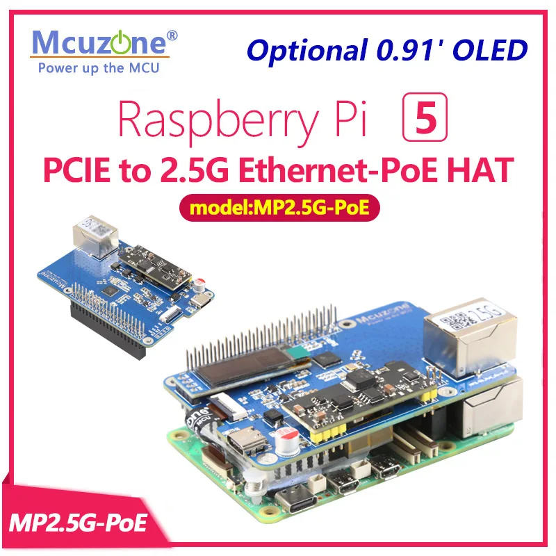 MP2.5G-PoE, Raspberry Pi5 PoE powered and 2.5G ETH HAT,POE powerde 5v4.5A,0.91' LCD(OPT)