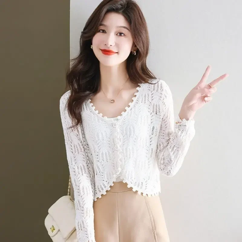 Knitted sweater, short, small, thin, sunscreen jacket, women\'s outerwear, cardigan, shawl, long sleeved, hollowed out top