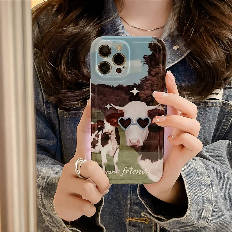 Divertenti occhiali da sole estivi cow friends farm partner art Phone Case per iPhone 15 14 13 12 Pro Max Case Cute Cover morbida antiurto