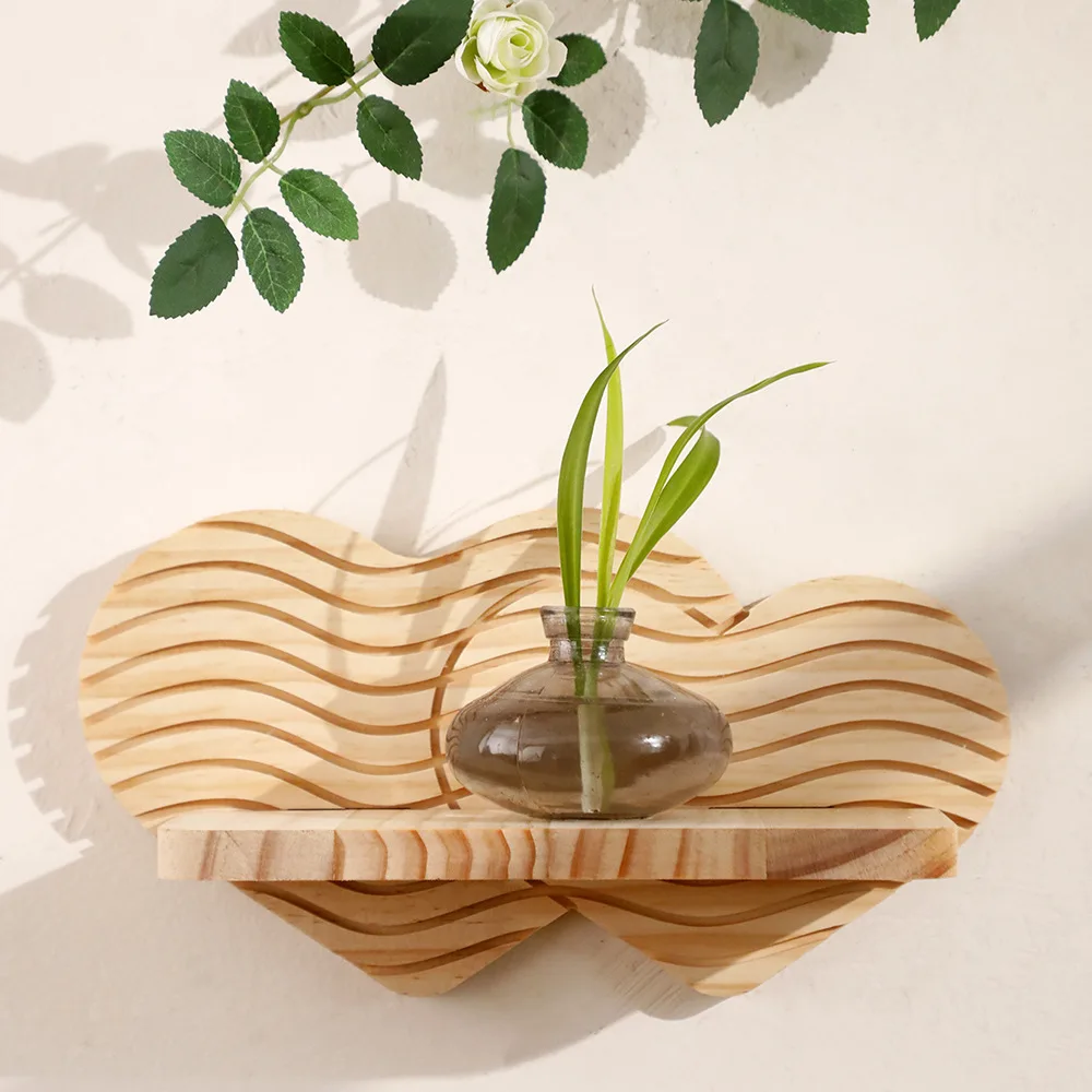 Love Shape Creative Pine Wall Pot Shelf, Wooden Crafts Home Decor Bedroom Decoration