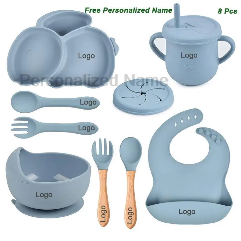 Free Personalized Name Baby Silicone Rabbit Divided Plate Set Baby Feeding Dishes BPA Free Bowl Plate Bibs Spoon Fork Sippy Cup