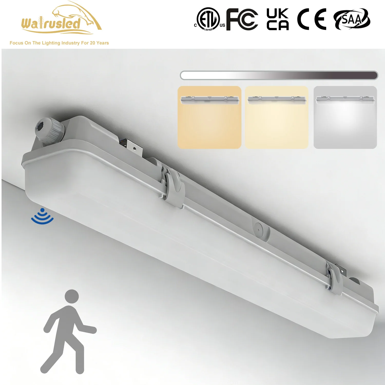 

2-футовый светодиодный водонепроницаемый светильник с трехуровневым датчиком движения, IP65, 20 Вт, 2500 лм, 3/4/5000K, диммируемый уличный светильник для магазина, FCC