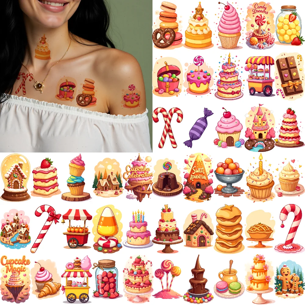 

63pcs Temporary Tattoo Dessert Decals Temporary Tattoo Stickers Sweet Sticker Candy Stickers Cartoon For Shoulders Cheeks