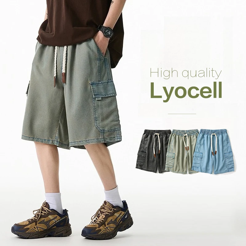 

Men's Plus Size Lyocell Denim Cargo Shorts 2026 Summer New Breathable Blue Loose Knee Length Streetwear Shorts Pockets M-8XL
