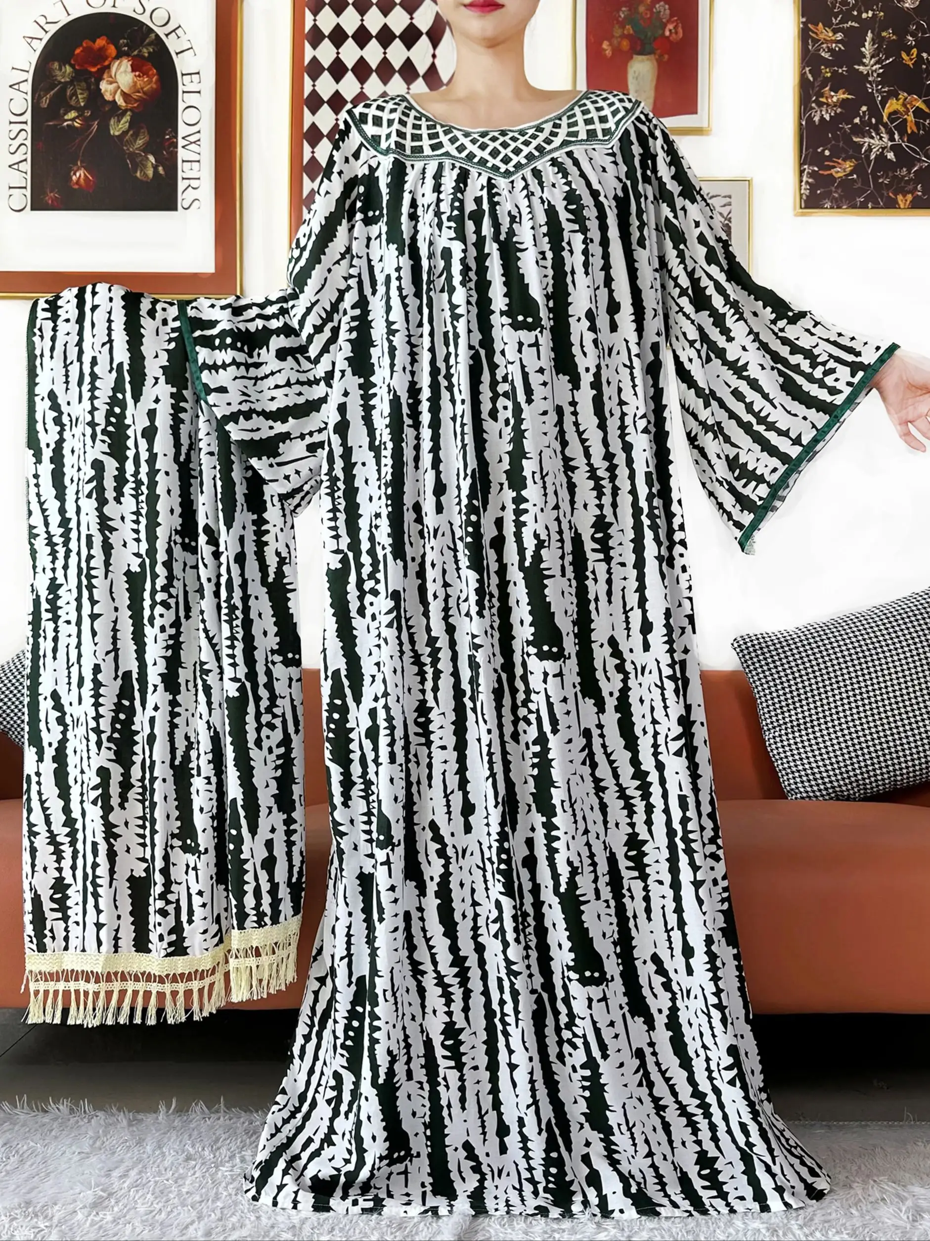 Vente chaude Design brodé col rond coton femmes longue ample Abaya Boho Maxi robe décontracté robe de mode robes africaines