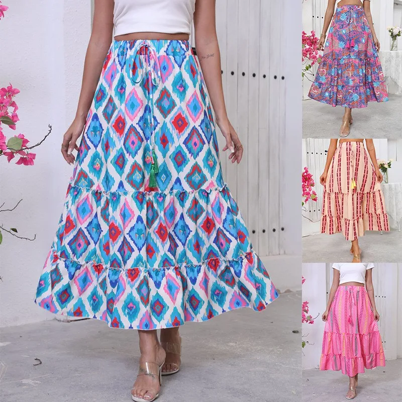

new summer 2025 skirt boho beach high-waisted skirt A-line swing skirt faldas para mujeres half skirts for woman vacation skirt