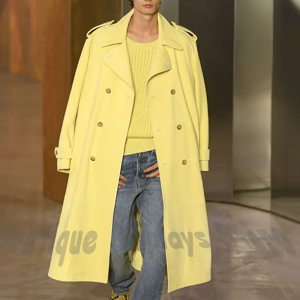 

Bright Yellow Men's Suit Jacket Trendy Double Breasted Notch Lapel Long Coat Streetwear Fashion Casual Outwear for Daily