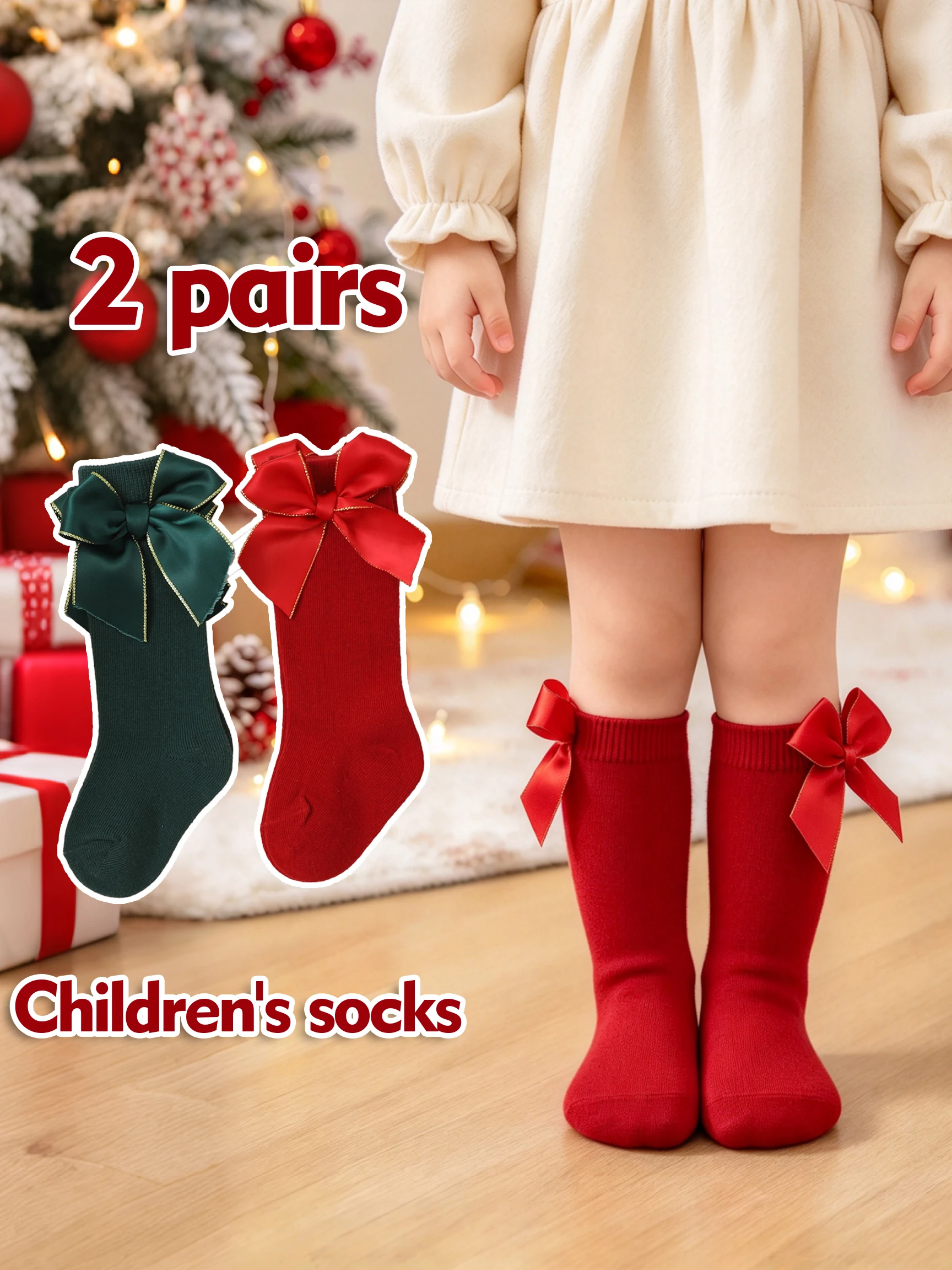 2Pairs Toddler Girls Christmas Mid Calf Socks, Gold Edge Bow Decor, Soft Knit Socks for Kids 0-3Y, New Year Holiday Party Outfit