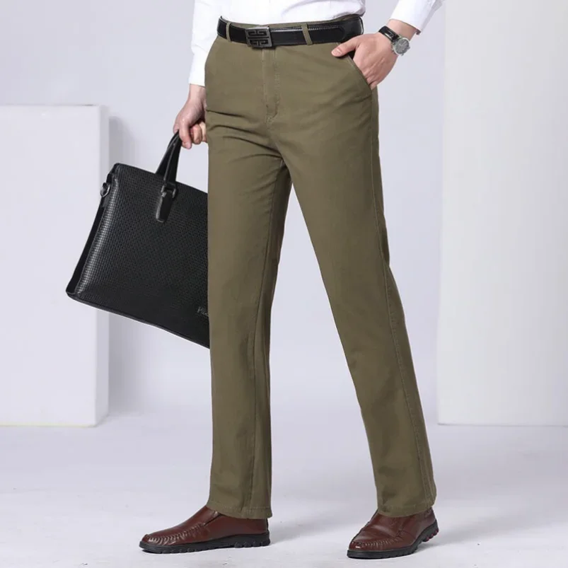 Men's Classic Summer Thin Pant Autumn Thick 100% Cotton Casual Bland High Waist Trousers Business Office Cargo Pants RIYBEOE