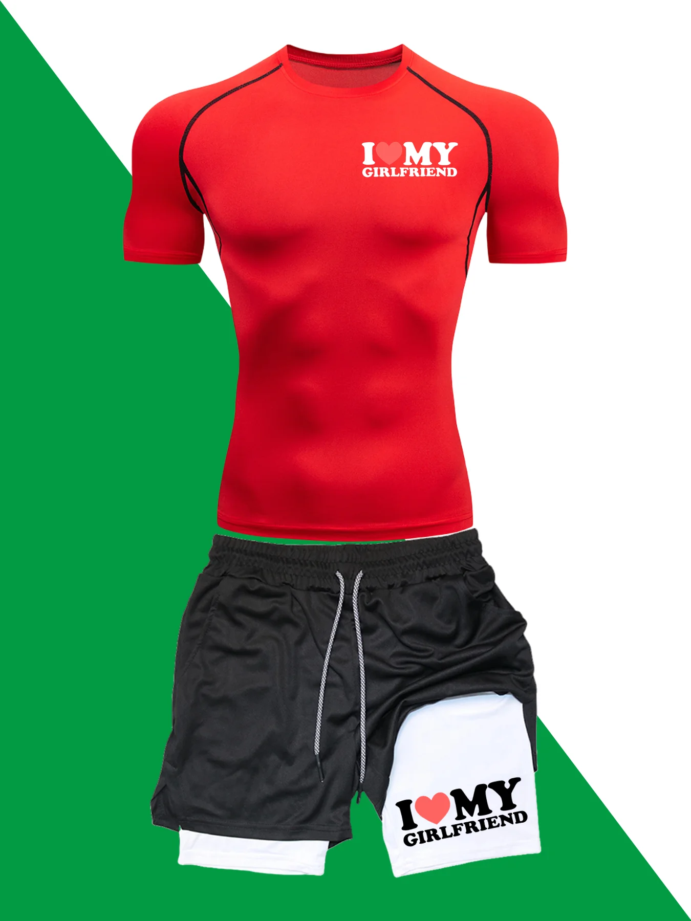 

Men's Sports 2-Piece Kit: Fun Printed Tight Short Sleeve + Multi-Pocket Double Shorts, Gym, Basketball, Morning Run