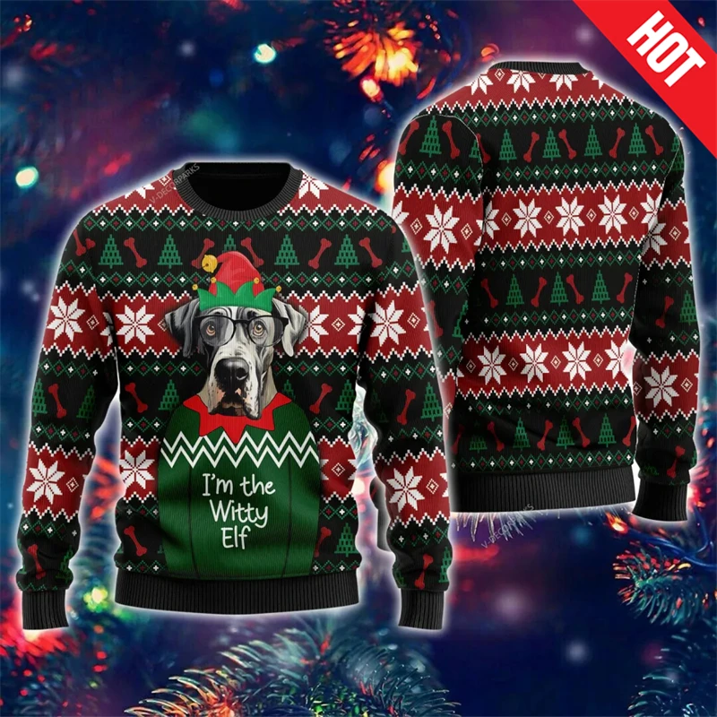 Fashionable Mens Ugly Christmas Sweater Funny Great Dane Pattern Sweatshirt Pullover Boys Women Crew Neck Dog Christmas Sweater