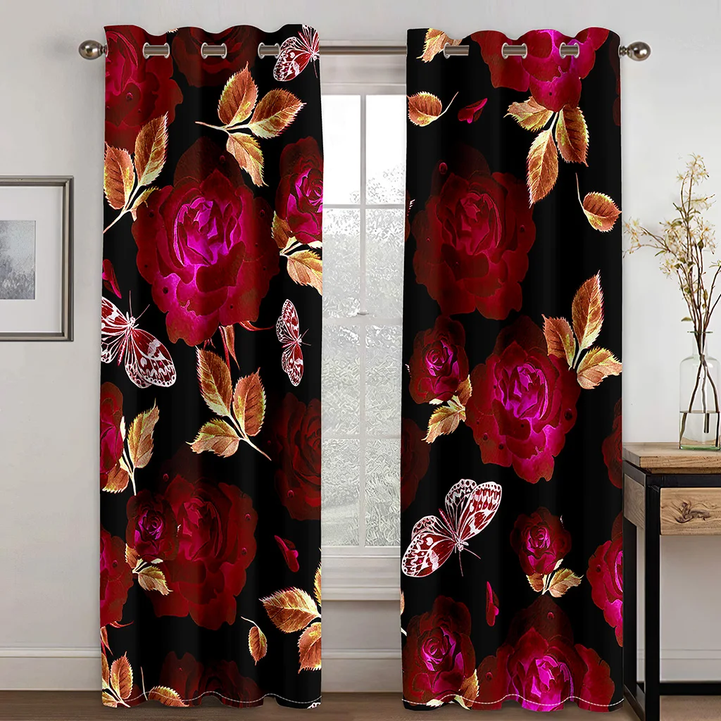 

Luxury Red Rose Flower Sunshade Vintage Window Curtains For Living Room Bedroom Bathroom Kicthen Door Home Decor On Sale 2Pieces