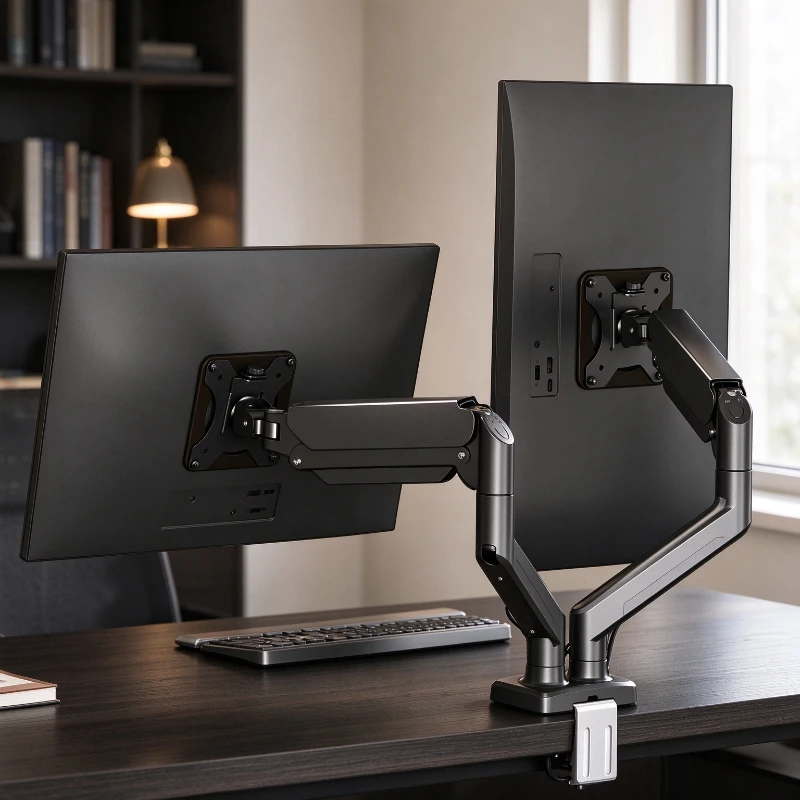 Dual Monitor Arm with Aluminum Structure, Multi Axis Rotation, Portrait Landscape Screens plus Quick Lock Desktop Mount Design